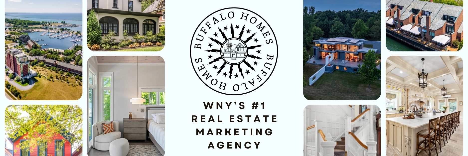 Buffalo Homes Media & Marketing, WNY's #1 real estate marketing agency, shown with a collage of featured property photography
