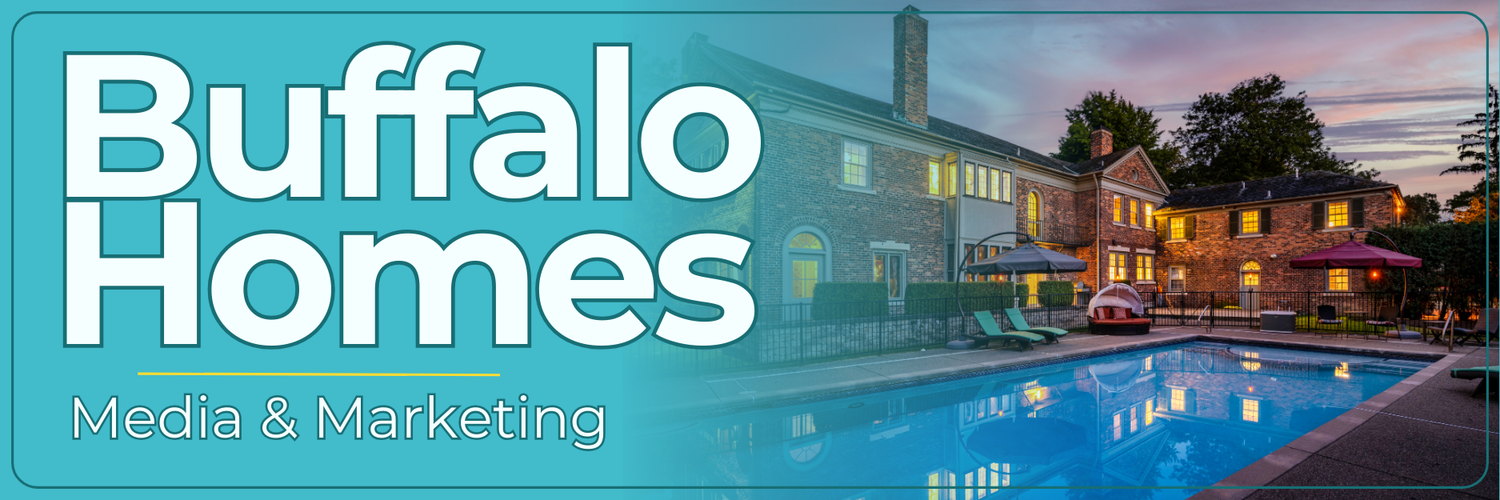 Buffalo Homes Media and Marketing banner over a twilight real estate photo of a Buffalo NY home with a pool