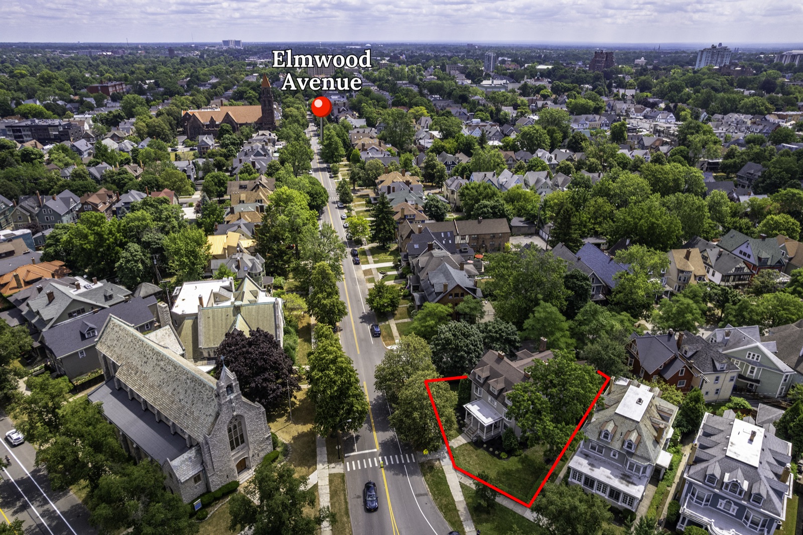 Aerial listing photo of a Buffalo NY neighborhood home by a drone real estate photographer