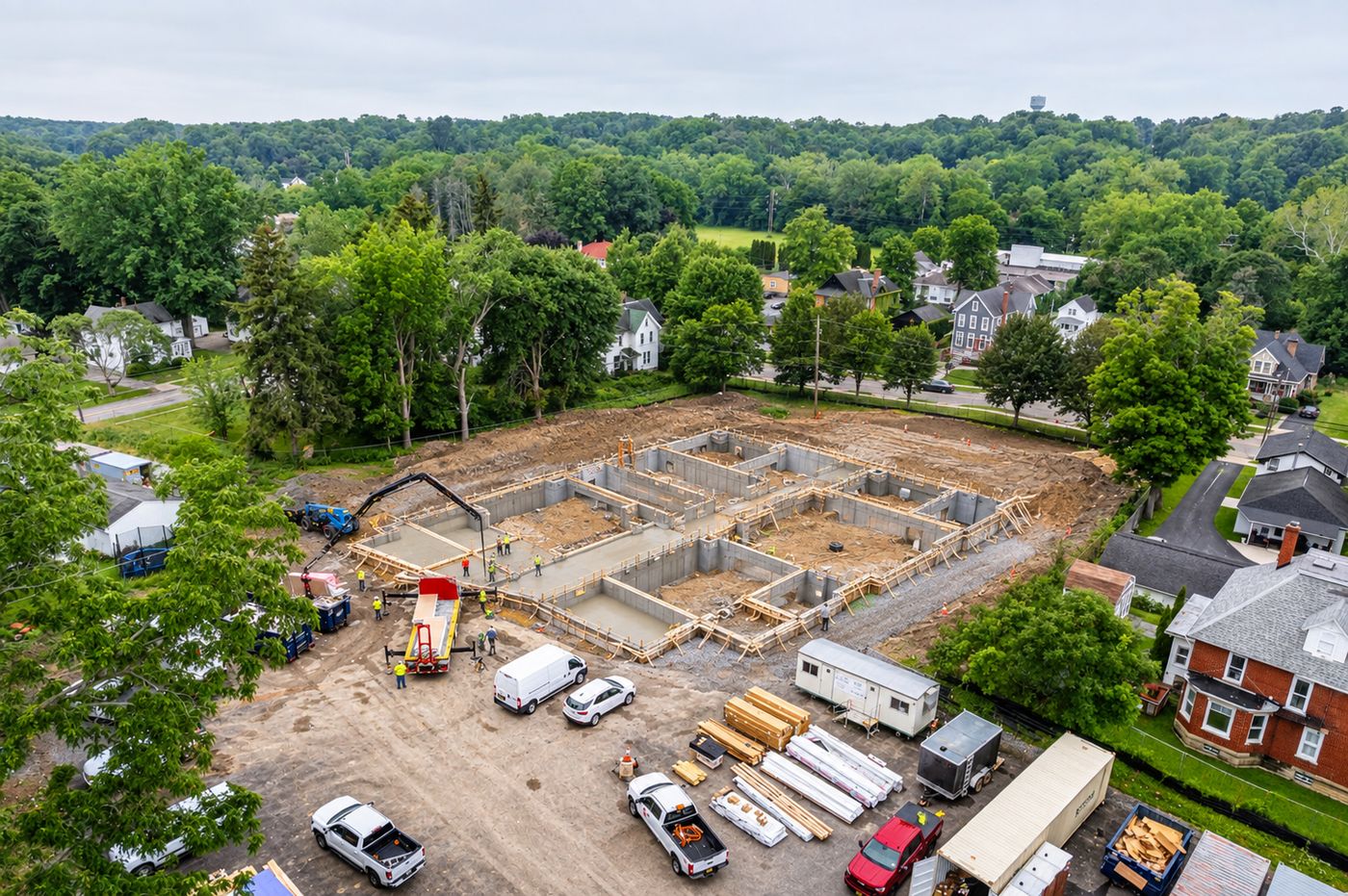 Aerial construction photo of foundation work and footings on a Western New York project