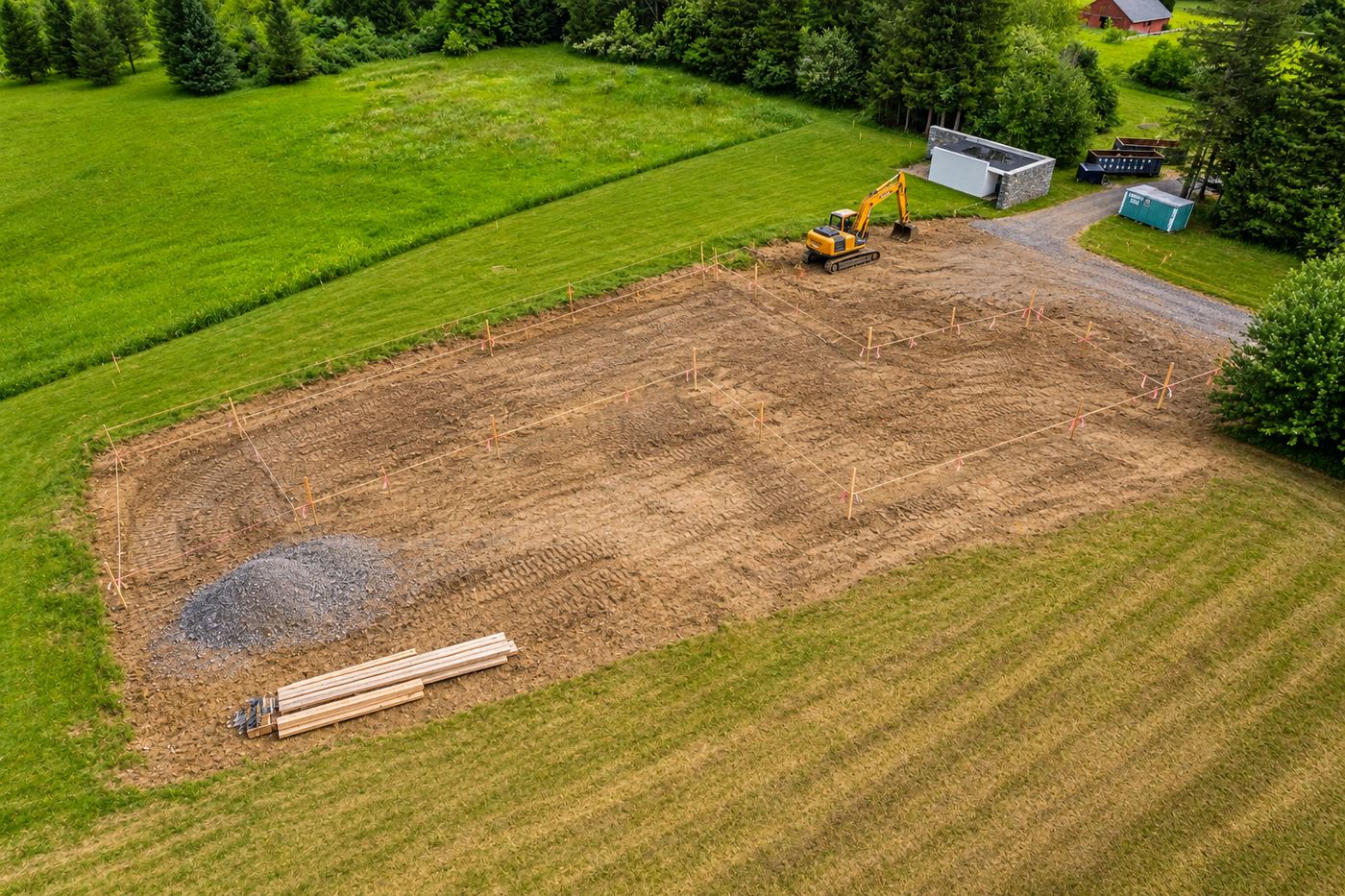 Groundbreaking phase of new construction in Western New York, cleared site documented from the air
