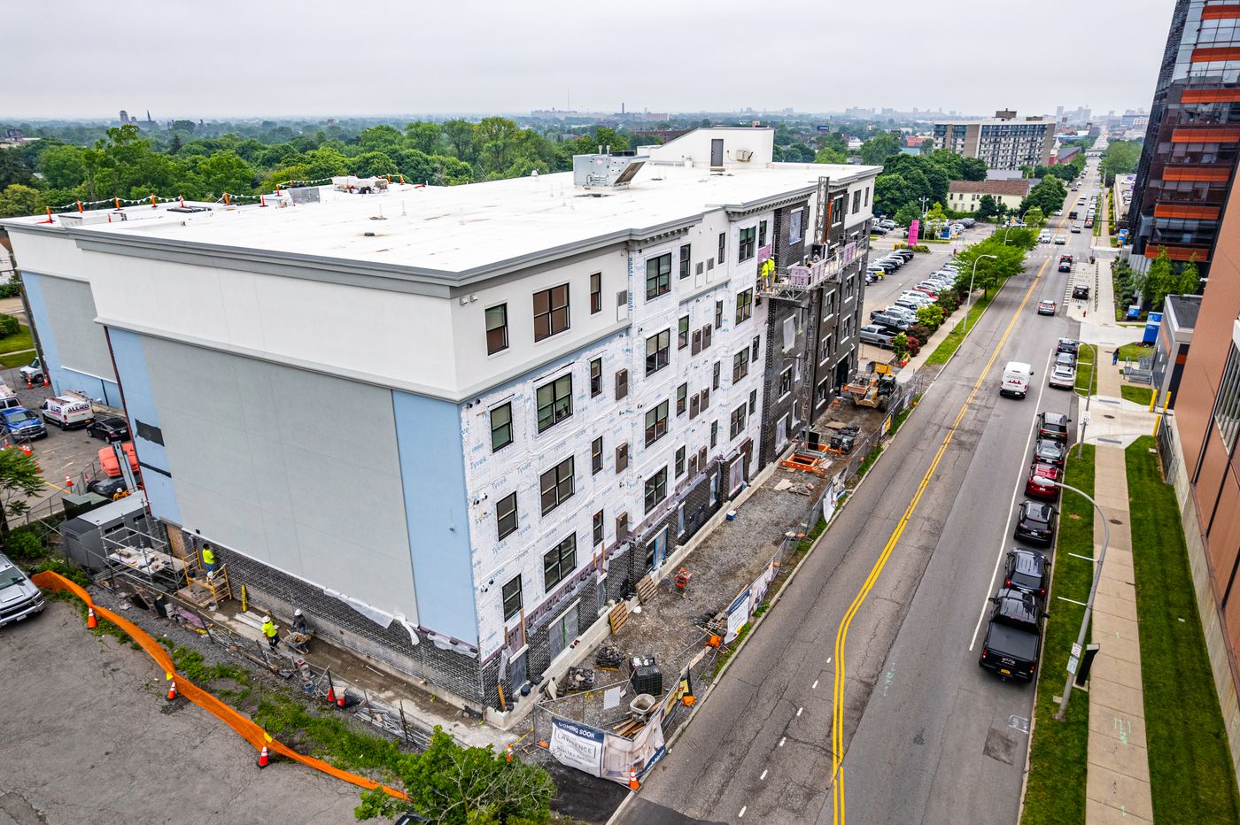 Phase documentation aerial of a Buffalo NY development during envelope construction