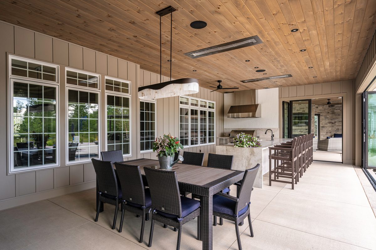 Exterior photography, covered outdoor dining space