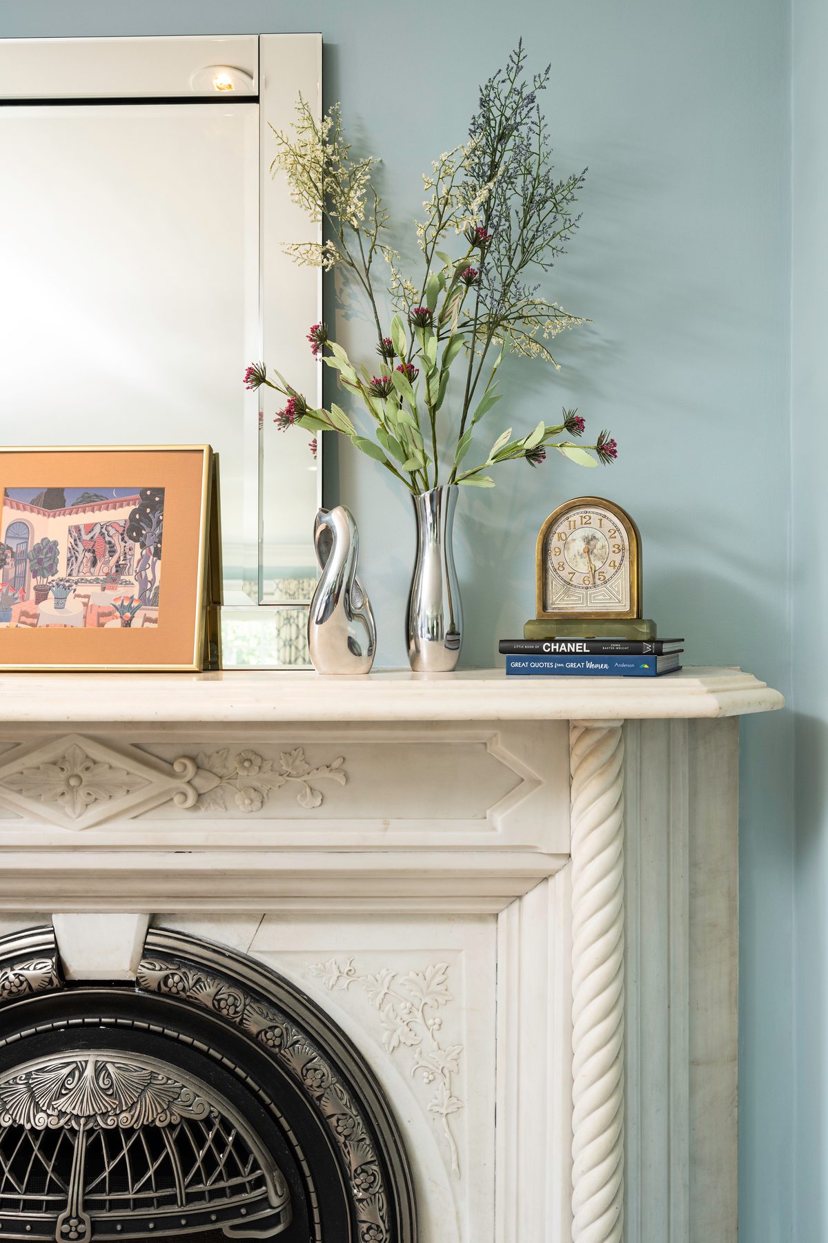 Detail photography, marble fireplace mantel