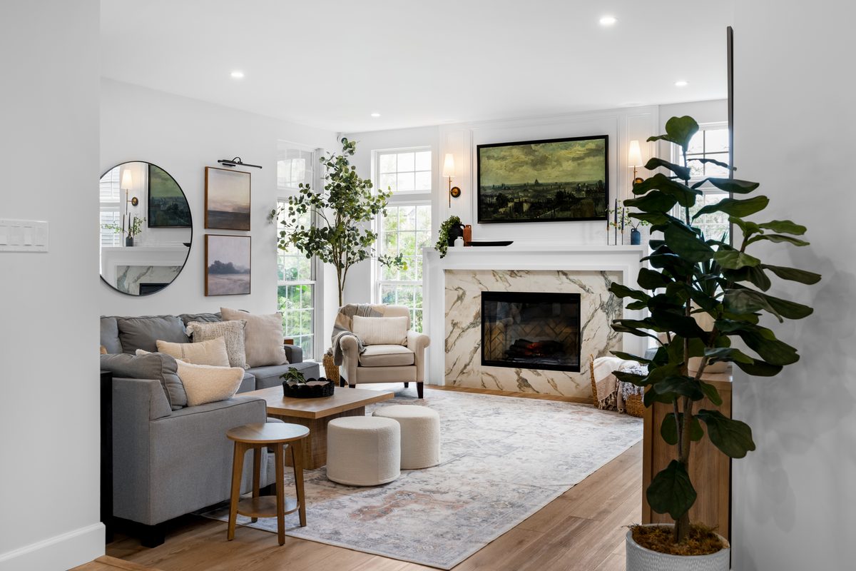 Interior photography, living room with marble fireplace