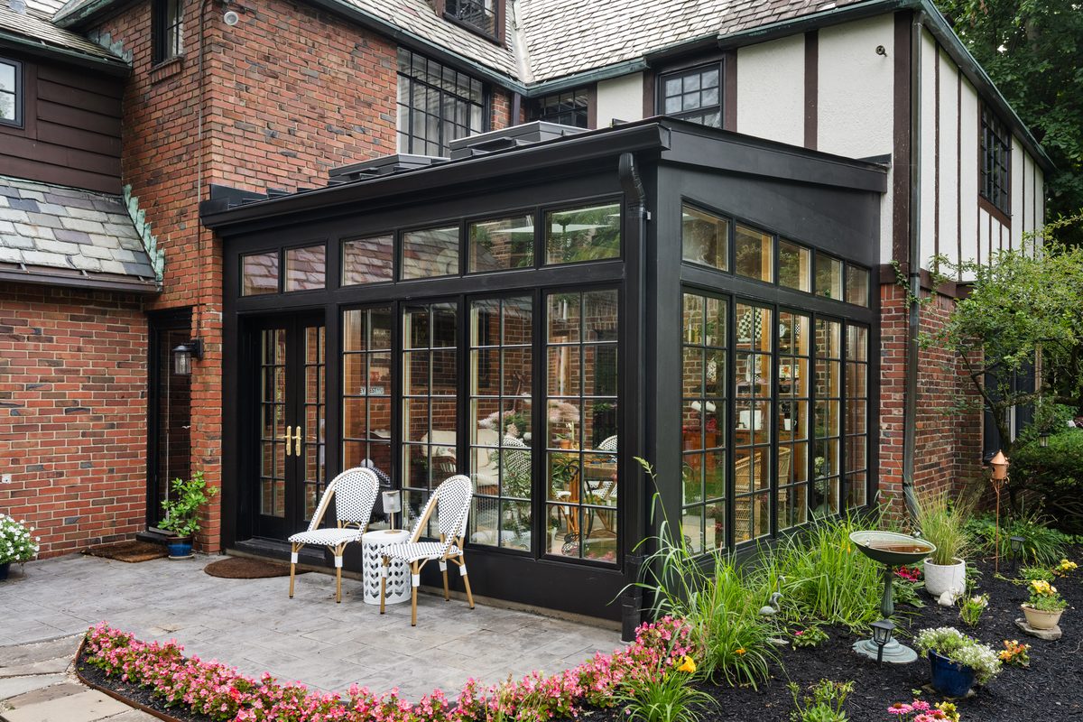 Exterior photography, glass sunroom and patio