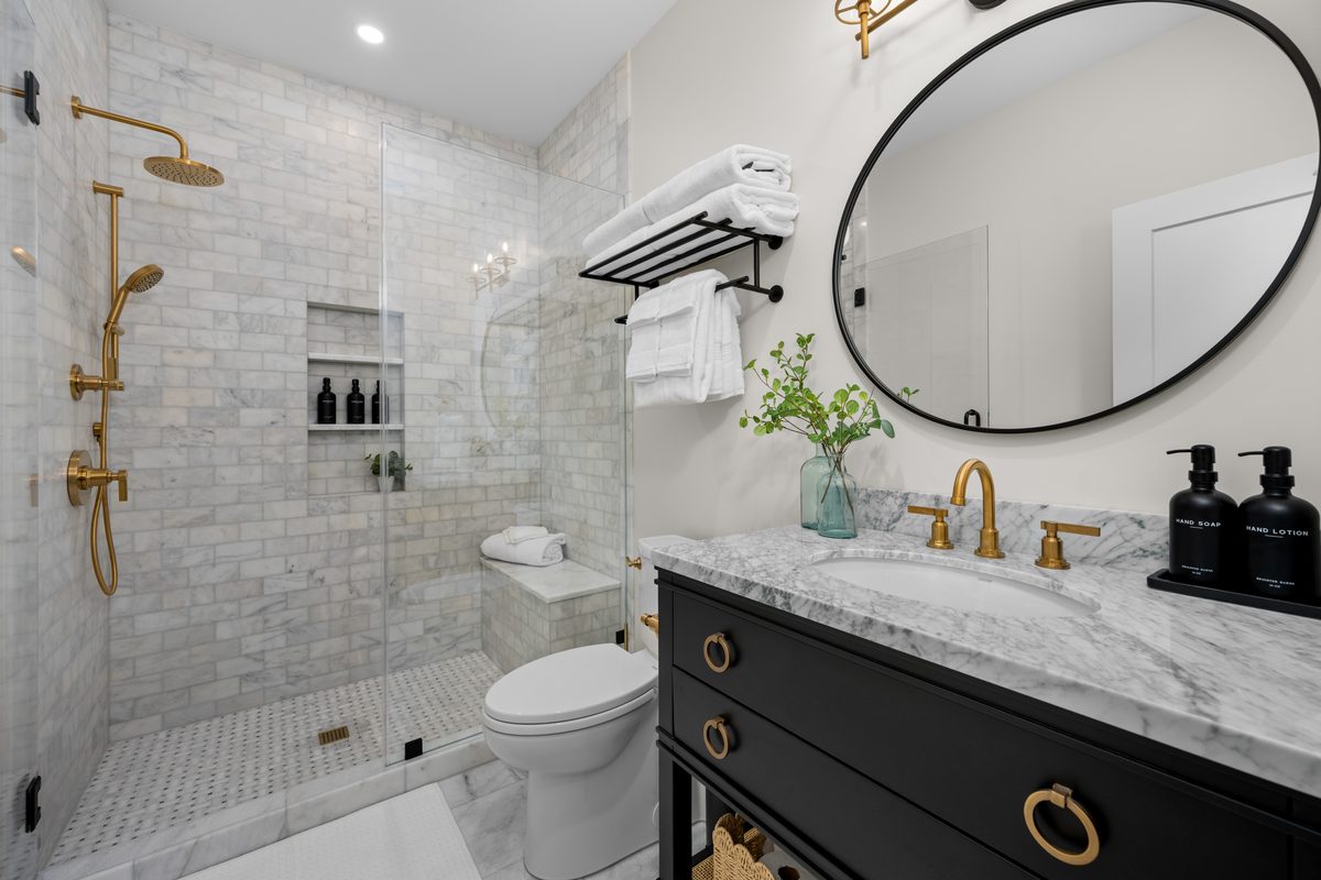 Rental photography, marble shower and vanity