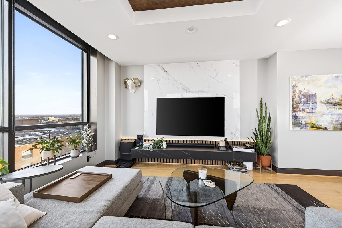 Rental photography, downtown condo living room with city view