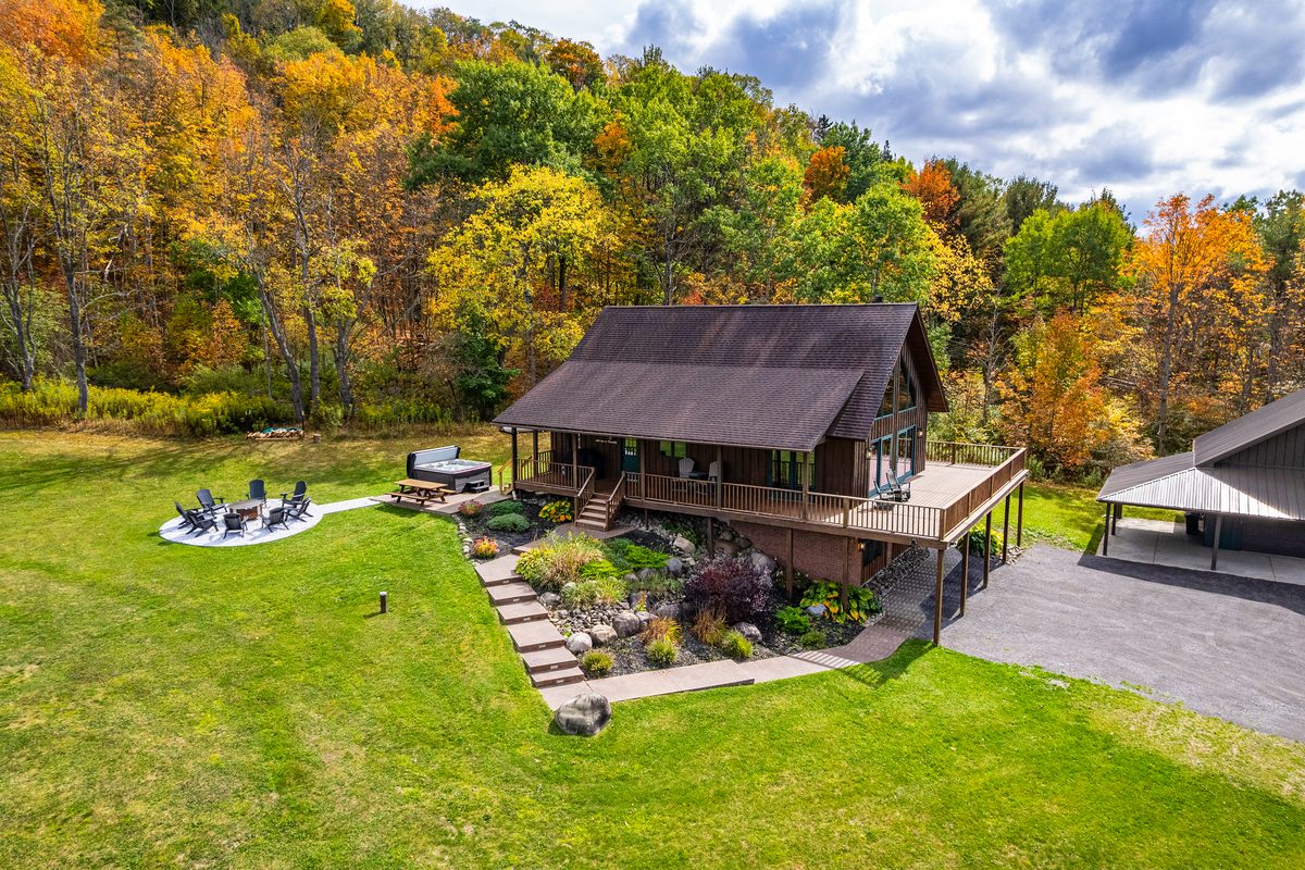 Rental photography, countryside lodge from above in fall