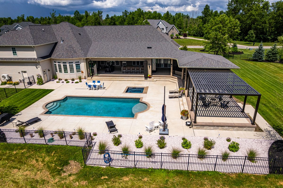 Rental photography, backyard pool and pergola from above
