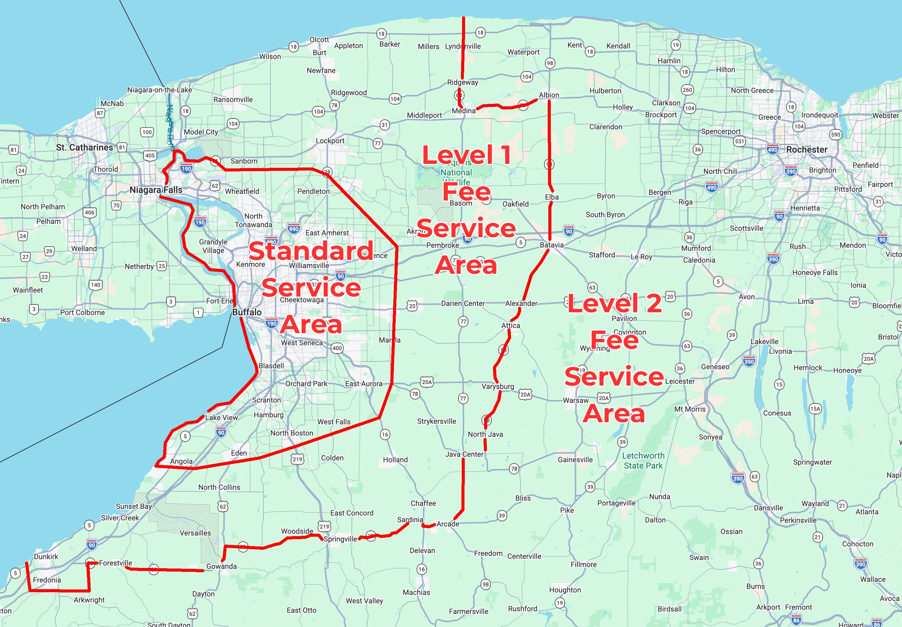 Map of the Buffalo Homes service area showing the Standard Service Area, Level 1 fee area, and Level 2 fee area across Western New York.